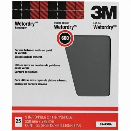 3M 9" x 11" Wetordry Sanding Sheet Pro-Pak, 600-Grit, PK 25 99419